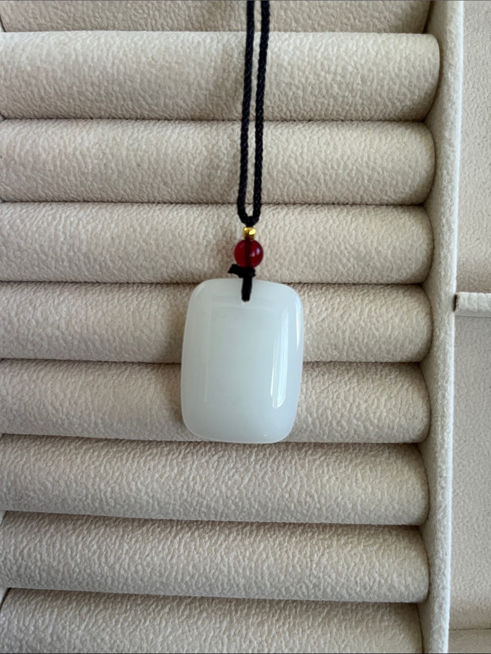 White Jade Pendant Necklace with Red Accent and Black Cord